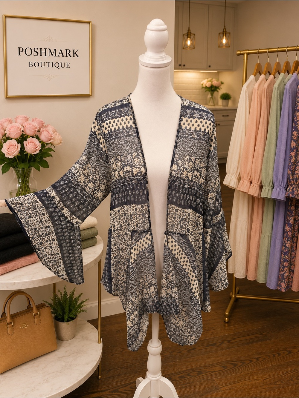 Maurices Medium Boho Kimono Bell Sleeve Open Front Floral Duster
